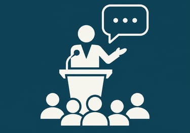 White flat icon of a public speaker at a podium giving a presentation to an audience.
