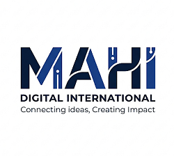 Mahi Digital International logo with blue typography and slogan on white background.