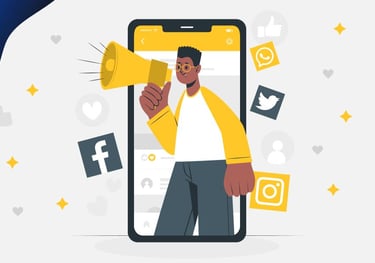 Digital marketing illustration of a man with a megaphone on a smartphone screen surrounded by social media icons.