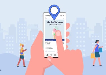 Person using a local SEO map pin on a smartphone to find an ice cream shop in a busy city.