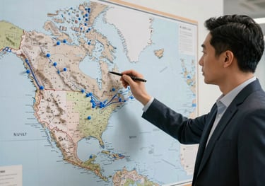 A professional in an office setting, wearing a smart casual outfit, looking at a large wall map of North American trade routes with blue pins and lines.