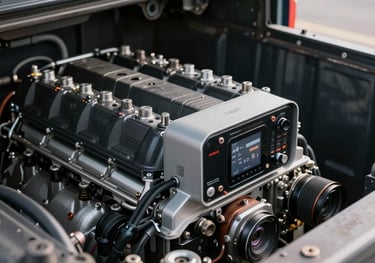 A heavy-duty cargo truck engine compartment or a close-up of a high-tech logistics tracking device, emphasizing technical reliability and modern engineering.