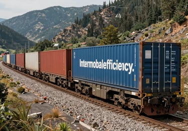 A perspective shot of a train carrying shipping containers through a North American mountain pass, representing intermodal freight efficiency.