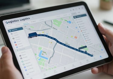 A detailed close-up of a digital logistics dashboard on a tablet held by a professional in a North American office setting. The screen shows a map with moving transit lines in dark blue and light gray.