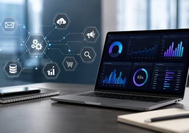 Business data dashboard on a laptop with digital marketing and automation icons on a modern office desk.