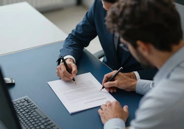A high-angle shot of a South American / Brazilian professional signing a document on a sleek desk, surrounded by deep blue and light gray office decor.