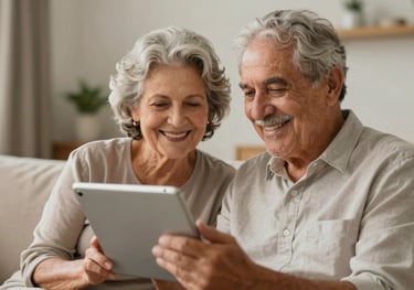A focused shot of an elderly Brazilian couple smiling while looking at a tablet together in a sunny living room, representing a peaceful retirement.