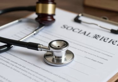 A close-up of a stethoscope lying on top of professional legal documents and a folder, symbolizing the intersection of health and social security law.