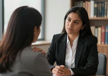 A compassionate South American lawyer in professional attire comforting a client during a meeting, with soft indoor lighting and a bookshelf background.