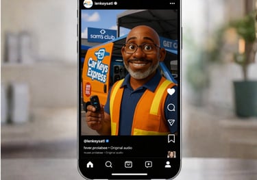 smart phone with 3d avatar-style man in safety vest and work van behind him