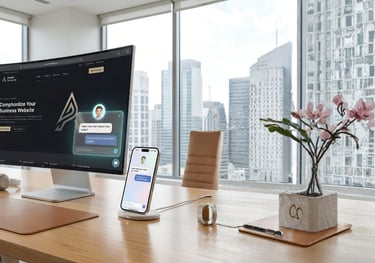 computer monitor and smartphone on wood desk showing an ai chat conversation on the screen.