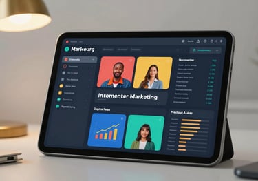 Close-up of a tablet showing a vibrant digital marketing dashboard. The setting is a minimalist workspace with a gold lamp and a professional Indonesian atmosphere.