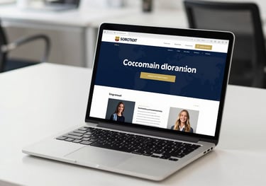 A professional photography shot of a sleek laptop displaying a modern corporate website with navy and gold branding. The laptop sits on a clean white desk in a bright Indonesian office.