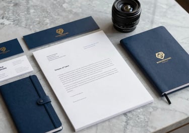 A collection of branded business materials including business cards, letterheads, and a notebook, all featuring a gold logo on navy paper, placed on a marble table.