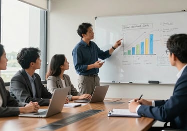 A candid shot of a business meeting in a sunlit Indonesian boardroom. A diverse team of professionals is discussing a growth strategy on a white board.