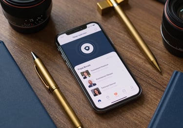 A top-down view of a professional desk featuring a smartphone displaying a custom-designed mobile app interface for an Indonesian startup, surrounded by navy and gold stationary.