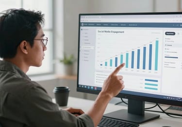 A lifestyle photography shot of an Indonesian professional analyzing social media engagement metrics on a large computer screen in a bright, modern studio.