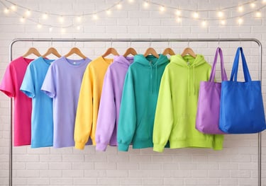 Colorful apparel and tote bags display-DesignATeeCompany.com