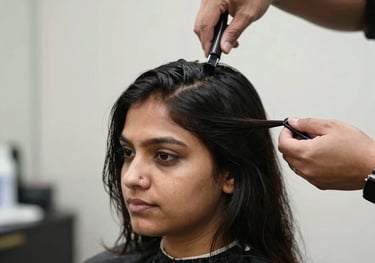 A serene salon chair with a stylist gently working on a client’s glossy hair under warm gold lighting.
