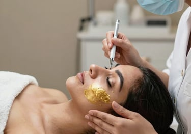 A serene salon chair with a stylist gently working on a client’s glossy hair under warm gold lighting.