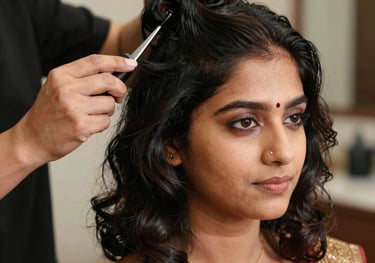 A serene salon chair with a stylist gently working on a client’s glossy hair under warm gold lighting.