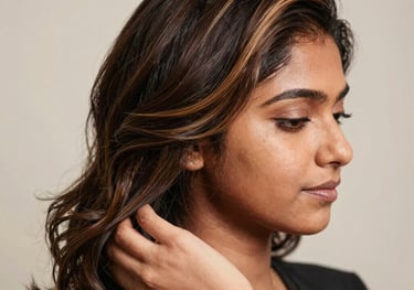 A serene salon chair with a stylist gently working on a client’s glossy hair under warm gold lighting.