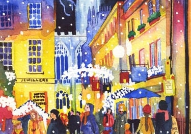 Abbey Green Bath, at Christmas. Painted by Laura Fearn