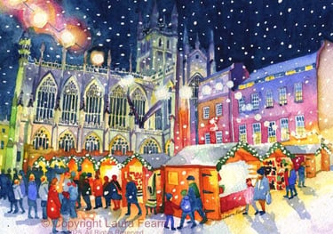 Bath Christmas market painted by Laura Fearn in watercolour.