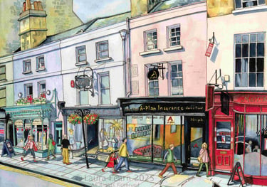 A busy street scene watercolour painting of George Street in Bath by Laura Fearn.