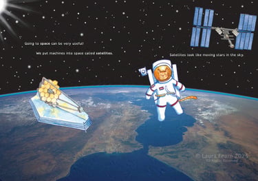 A cat astronaut and satellites in space above Earth.