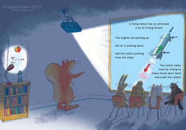 a classroom with animal pupils looking at a projection of a rocket.