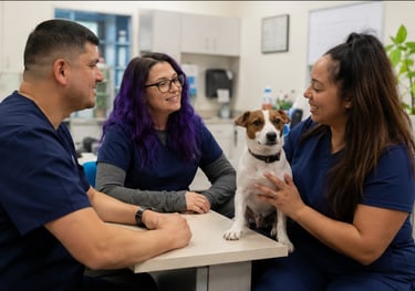 Three veterinary professionals in blue scrubs smiling at a small Jack Russell Terrier on an exam table.