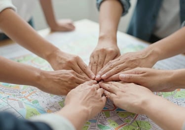 A warm photo of several hands coming together over a map or project plan, symbolizing strategic planning and community development. Tones of #3D5B5F.