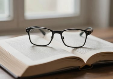 A symbolic image representing education: a pair of reading glasses on an open theological book, lit by a soft window light. Clean, sophisticated composition with palette #F8F4F0.