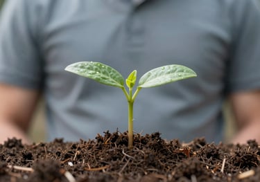 A close-up of a sprout growing from rich soil, representing growth and sustainable impact. The lighting is bright and optimistic, featuring #A2B2AE and #1A1A1A.