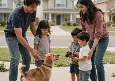 A happy family in a North American suburb welcoming a new puppy into their home, captured in a candid, joyful moment.