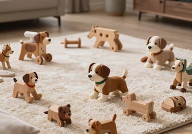 A puppy play area with high-quality wooden toys and soft blankets inside a luxury home, showing a safe and stimulating environment.