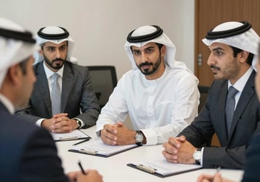 A business meeting between consultants and government officials discussing compliance strategies.