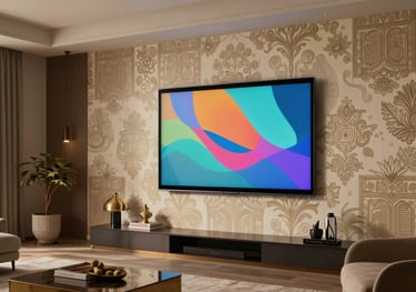A 3D visualization of a luxury South Asian / Indian living room with intricate digital wallpaper being projected onto the walls via a high-tech tablet.