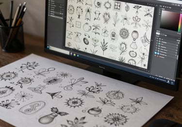 A workspace showing professional digital wallpaper designs and surface patterns, blending artistic sketches with high-end graphic software on a large display.