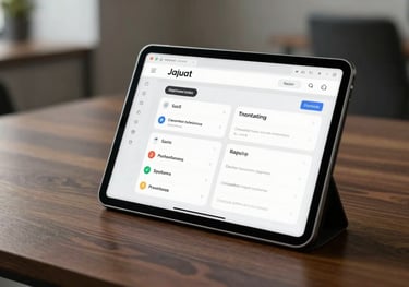 A clean, minimal software interface shown on a tablet, featuring SaaS tools for business productivity, set on a dark wood table in a modern Jaipur office.