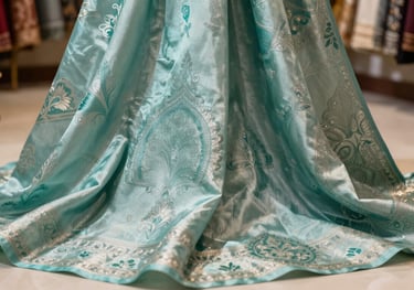 Close-up of high-quality silk fabric with intricate South Asian / Indian patterns, displayed in a sophisticated boutique setting with muted teal and pale mint accents.