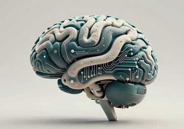 A futuristic representation of an AI brain interface, blending tech circuits with organic artistic lines in dark teal and off-white, sleek and authoritative.