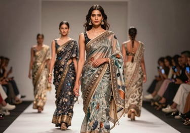 A sophisticated fashion runway preview in Jaipur, showing South Asian / Indian models in modern sarees with AI-generated patterns under professional studio lighting.