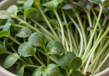 A close-up photograph of a variety of garden-fresh greens and microgreens in a cream ceramic bowl, highlighting texture and freshness.