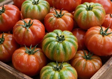 A vibrant photograph of freshly harvested heirloom tomatoes in shades of red and leaf green, displayed in a rustic wooden crate at a North American market.