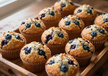 A photography shot of freshly baked blueberry muffins and pastries displayed on a rustic wooden tray, with a warm morning light in a North American setting.