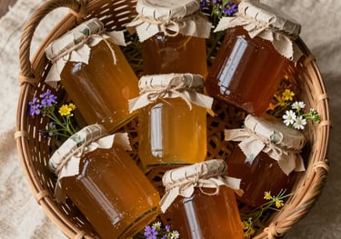 A top-down photographic shot of a rustic basket filled with amber-colored jars of local honey and wildflowers, set on a cream colored linen cloth in a North American setting.