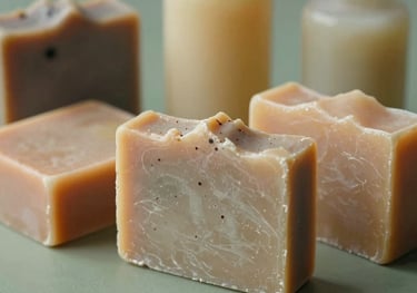 A close-up of handcrafted artisan soaps and lotions with natural textures, arranged elegantly on a sage green surface, reflecting rustic charm.
