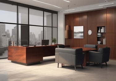 Oficina ejecutiva moderna con escritorio, mesa de reuniones y sillones